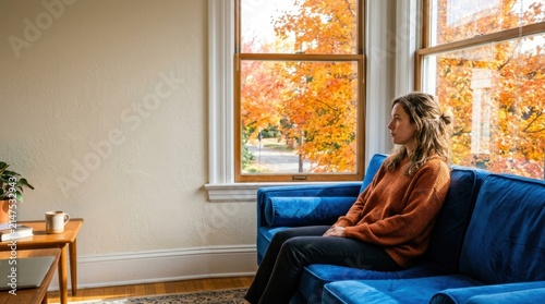 Young woman sitting on a blue sofa looking out the window at autumn trees. Contemplative female in a cozy living room feeling listless during fall season
