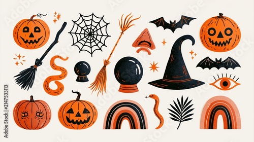 Halloween elements set with pumpkins, witch hat, broom, bats, crystal ball, spider web and snakes isolated on white background