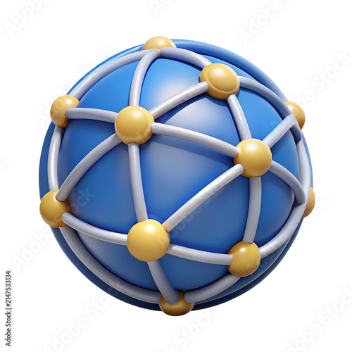 Spherical digital network structure featuring interconnected golden nodes and smooth blue globe elements created with 3D render on transparent background
