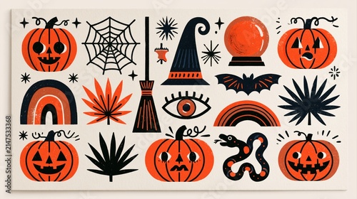 Halloween elements set with pumpkins, witch hat, broom, bat, spider web, crystal ball, snake, and mystical symbols