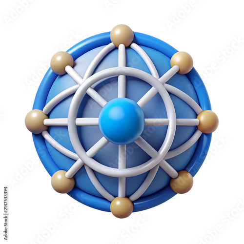 Blue abstract 3d globe icon featuring interconnecting white lines and golden spheres design isolated as a graphic on transparent background