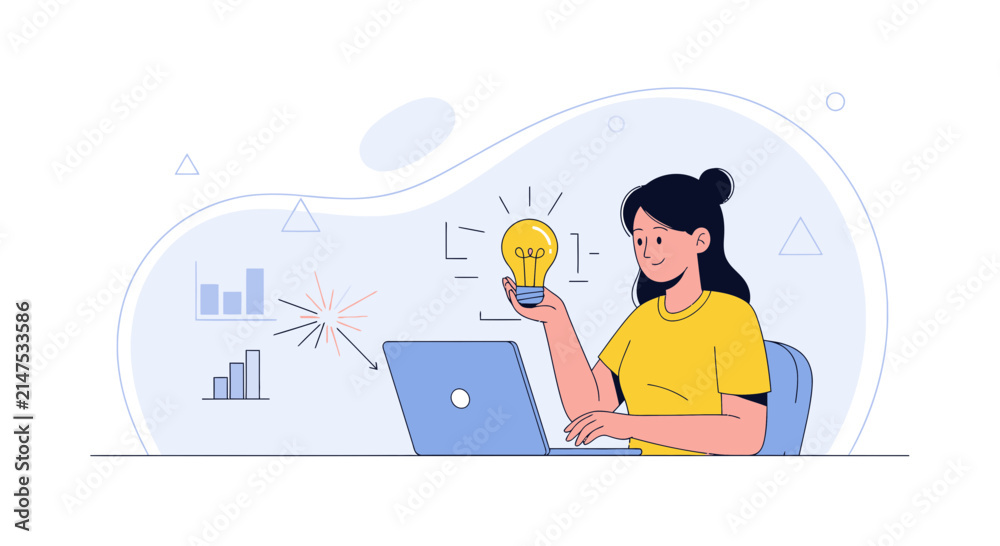 Obraz premium Woman with Lightbulb and Laptop, Symbolizing Innovation, Ideas, and Business Growth with Data Charts