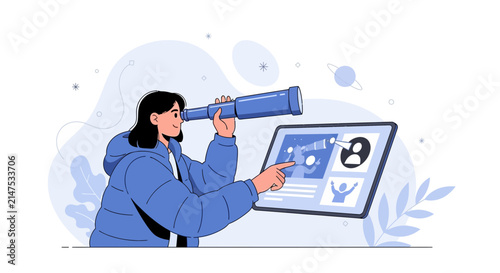Woman with Telescope Looking at Tablet Screen with Online Content, Symbolizing Discovery and Digital Exploration