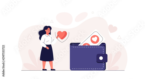 Woman with Wallet and Heart Icons, Representing Love, Value, and Saving Affection