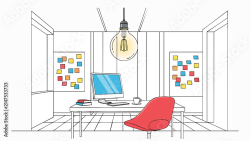 Minimalist line art office interior with glowing hanging light bulb over desk, computer, and colorful sticky notes, concept for creative brainstorming, business innovation, and startup workflow