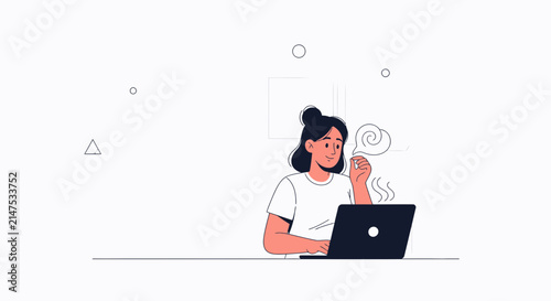 Woman working on laptop, blowing smoke or steam, modern flat illustration style