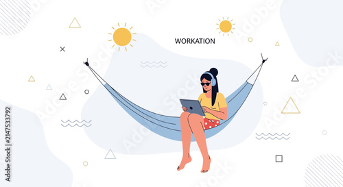 Woman working on laptop in hammock outdoors, Workation concept illustration, blend of work and leisure