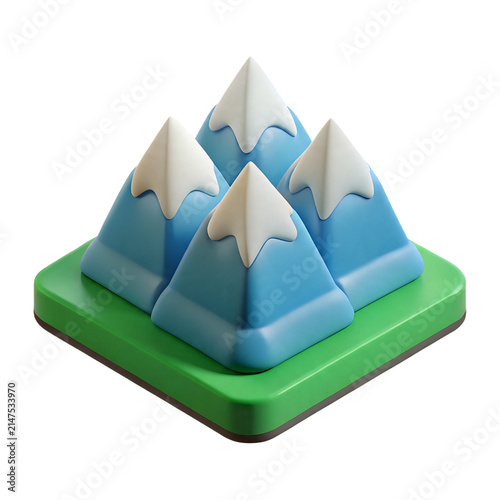 Snowy mountain peaks rendered in a clean isometric style featuring blue slopes and green base elements on transparent background