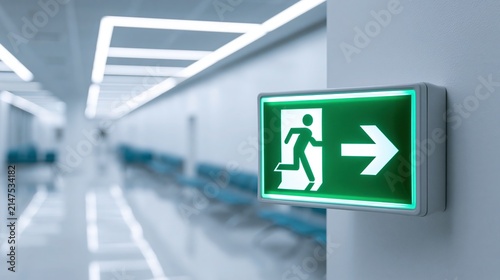 A bright green illuminated emergency exit sign with a running man and arrow is mounted on a light gray wall in a modern hallway.