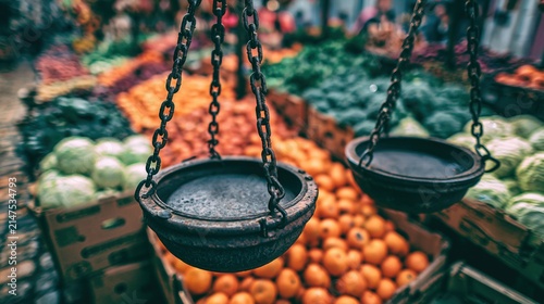 Two old-fashioned hanging scales are displayed in front of a vibrant assortment of fresh produce at an outdoor market.