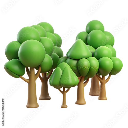 Stylized 3d green trees group with round fluffy foliage and brown trunks rendered as a simple isolated asset on transparent background
