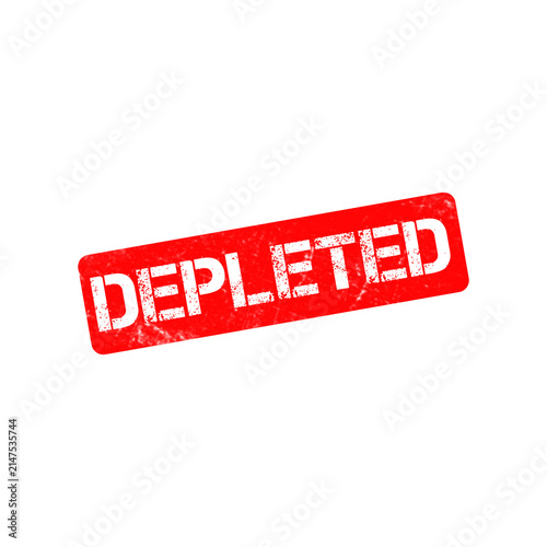 Depleted red rubber stamp icon. Grungy depleted text on weathered rectangular seal. Distressed red ink stamp for inventory and resource management.