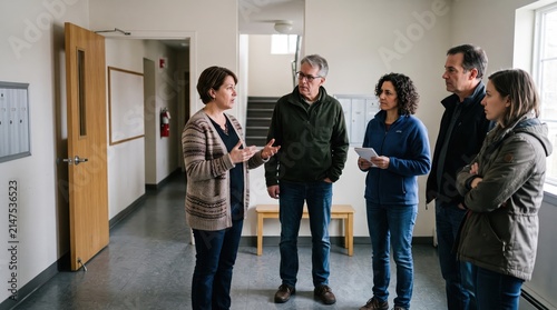 Diverse group of people in apartment building hallway discussing plans