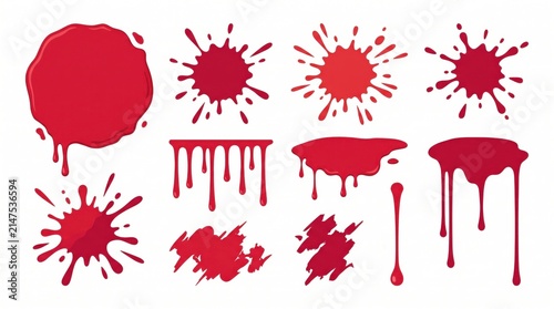 Collection of red liquid splashes and drips in various shapes and sizes