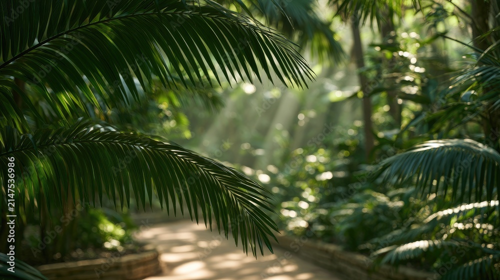 Fototapeta premium Sunlight filtering through lush green jungle foliage onto a path.
