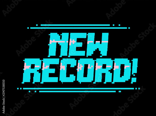 Retro video game style graphic that says NEW RECORD! with cyan text and glitch effect AI generative