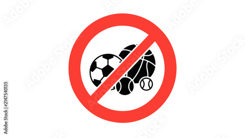 Soccer ball and car prohibition sign inside a red circle with a diagonal line for restricted activities in parking areas.