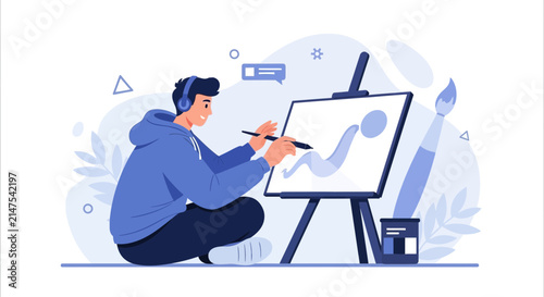 Artist Creating Art on Easel, Inspired Young Person Drawing, Illustration of Creativity and Hobbies