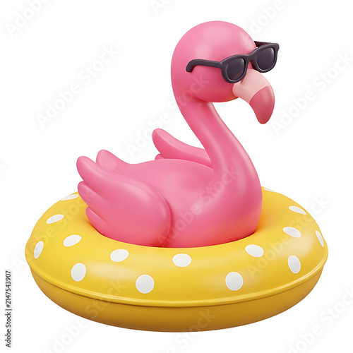 Cool pink flamingo wearing sunglasses sitting inside yellow polka dot pool float, glossy 3D icon for summer, vacation and beach party concepts