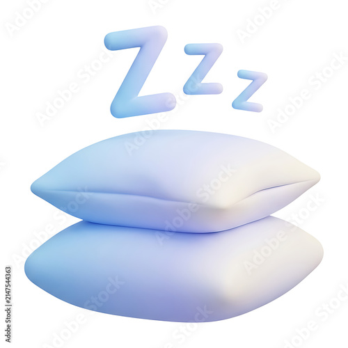 Two stacked pale blue pillows with soft gradient zzz letters floating above, glossy 3D icon for sleep, rest, bedtime and comfort concepts