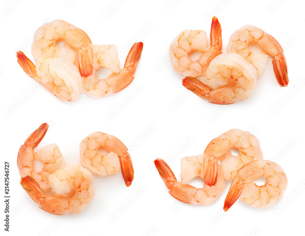 Fototapeta premium Tasty shrimps isolated on white, set. Top view
