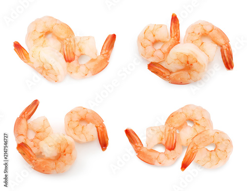 Tasty shrimps isolated on white, set. Top view