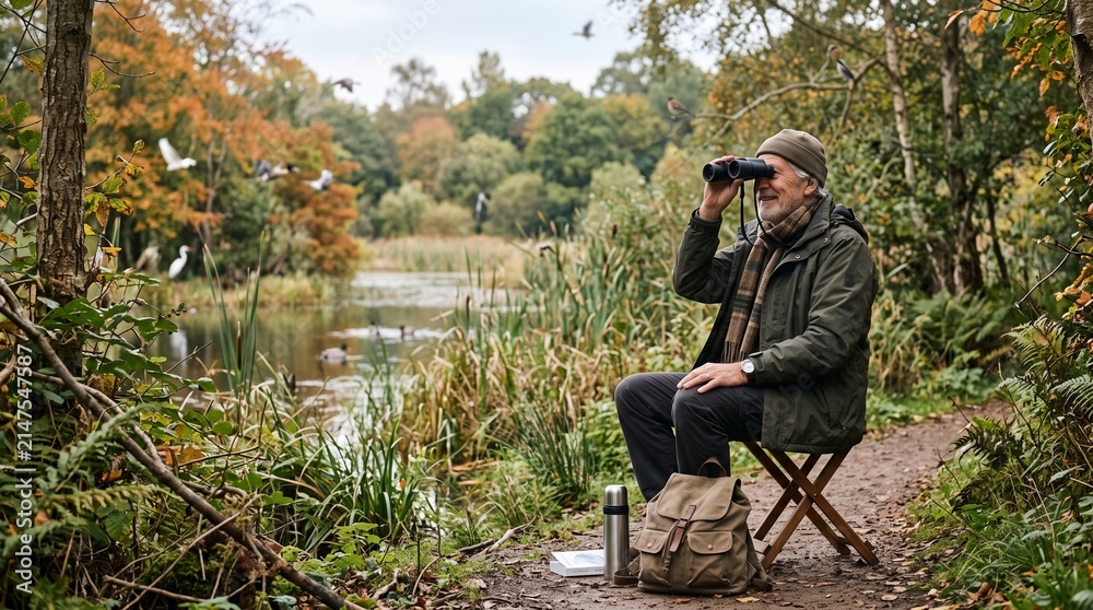 Fototapeta premium Elderly man birdwatching with binoculars by a lake in autumn forest
