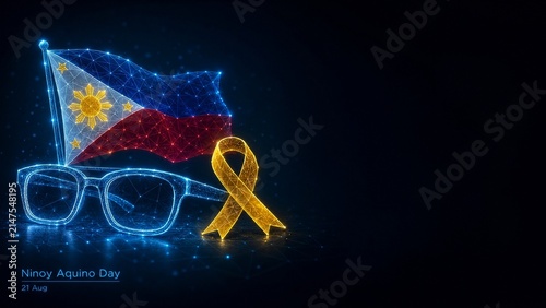 Ninoy Aquino Day Low Poly Wireframe Glasses Yellow Ribbon