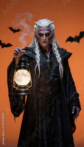 Dark fantasy sorcerer with white hair holding a glowing lantern