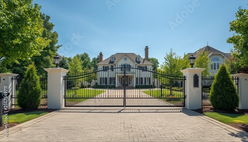 Grand residential estate entrance featuring wrought iron gates and manicured green lawn under clear sky with displays luxury residential residential mansion viewed