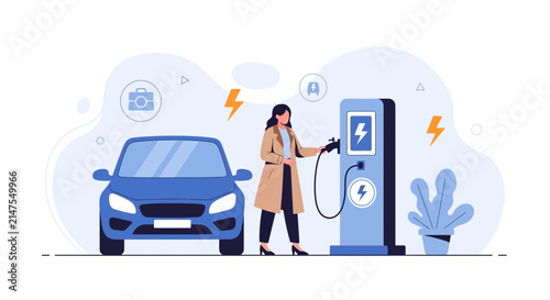 Woman Charging Electric Car at Station with Modern Flat Illustration Style, Eco-friendly Transportation Concept