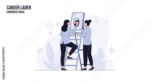 Woman climbing ladder to mirror, reflecting on career growth and self-perception in corporate setting
