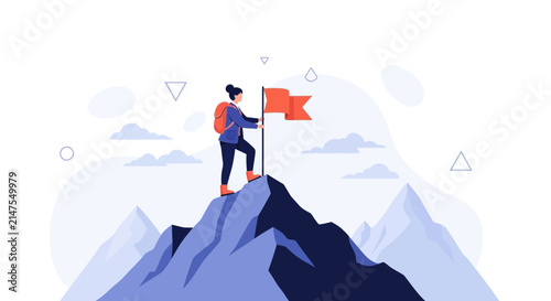 Woman Climber Reaches Mountain Summit, Planting Flag - Vector Illustration of Success and Achievement