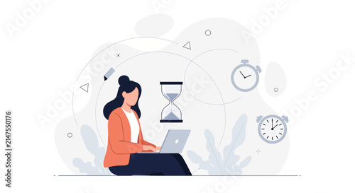 Woman working on laptop with hourglass and clocks, representing time management and productivity. Modern flat illustration style.