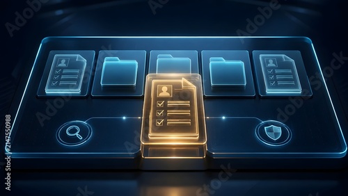 Digital document management system with glowing user profile checklist and folders on futuristic technology interface