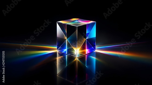 Abstract glass cube prism refracting rainbow spectrum light rays on dark background