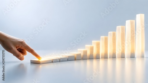 Hand touching first step of ascending glowing stairs representing business growth and career development journey