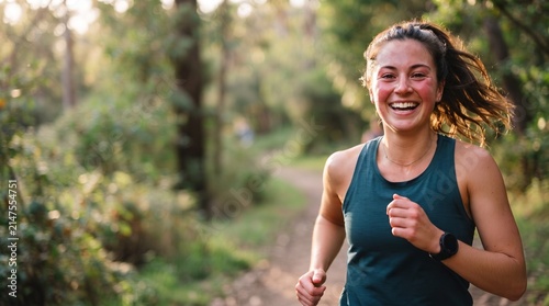 happy young woman running on forest path during outdoor workout