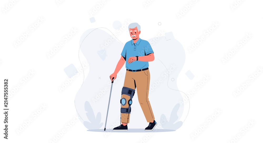 Fototapeta premium Elderly Man with Knee Brace and Cane Walks with Assistance, Symbolizing Recovery and Mobility