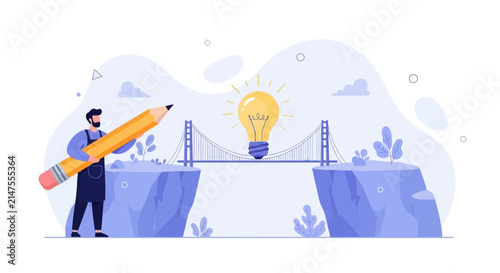 Creative idea: Artist builds bridge of inspiration with giant pencil connecting cliffs to illuminate light bulb