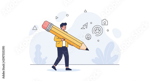 Creative Process: Person Holding Giant Pencil with Social Media and Design Icons