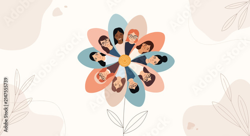 Diverse Women's Faces Forming a Beautiful Flower Symbolizing Unity and Strength
