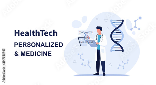 Doctor Analyzing DNA Helix and Molecular Structures, Representing Personalized Medicine and HealthTech Innovation