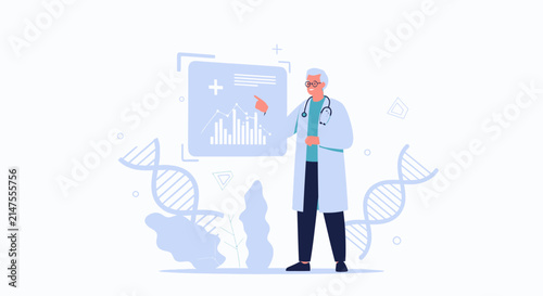 Doctor presenting scientific data on futuristic medical screen with DNA helix background