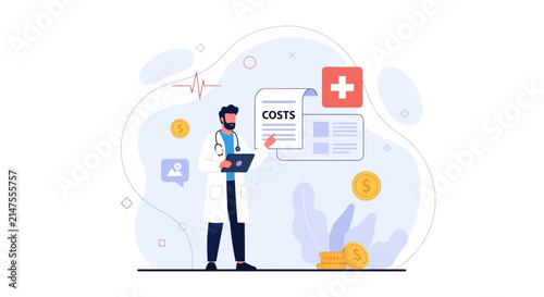 Doctor reviews medical costs on document with coins and healthcare symbol, illustrating healthcare expenses and finances.