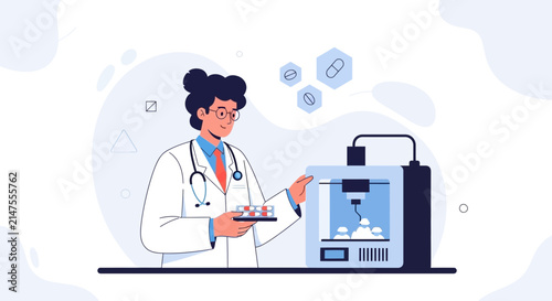 Doctor using 3D printer for medicine and pills, representing advanced pharmaceutical innovation and healthcare technology.