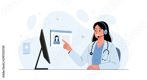 Doctor with Headset Consults Patient Online via Computer Screen, Telemedicine Concept
