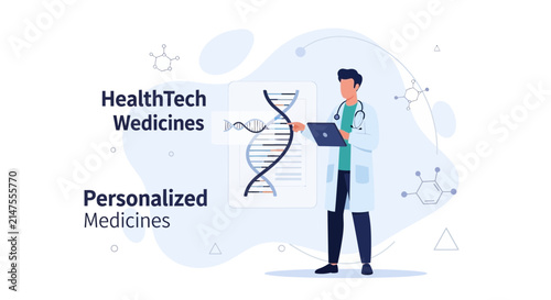 Doctor with DNA Helix and Laptop Illustrating HealthTech and Personalized Medicines Concept