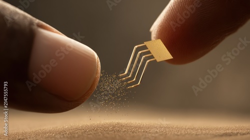 Close up of a tiny microchip held between fingers against a blurred background