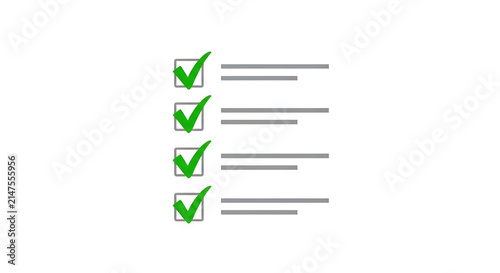 Minimalist checklist with green check marks, business task list icon, completed to-do list on white background, project management concept